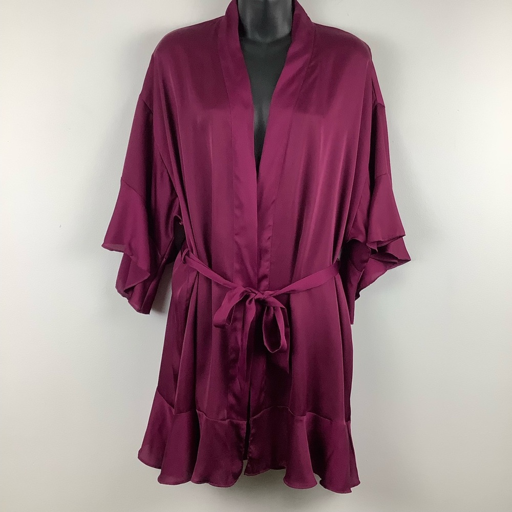 Satin Robe with Fluted Hem in Magenta Purple
